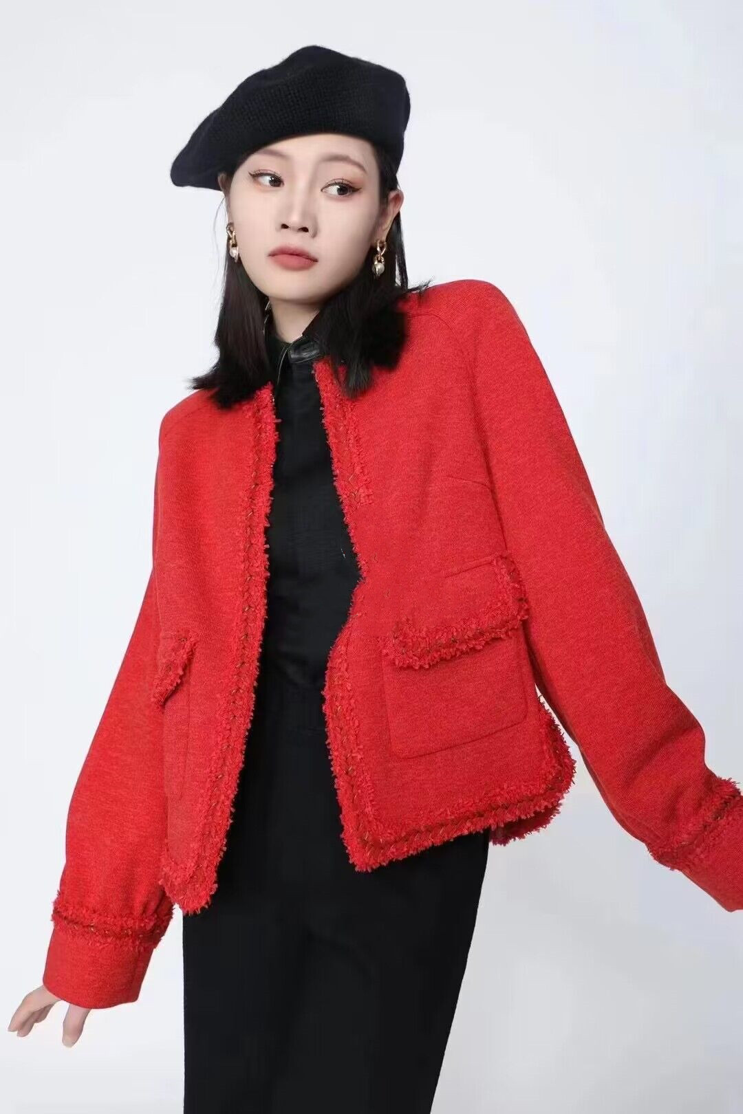 阿玛施秋冬新款法式复古小香风气质百搭红色短款外套女5400312