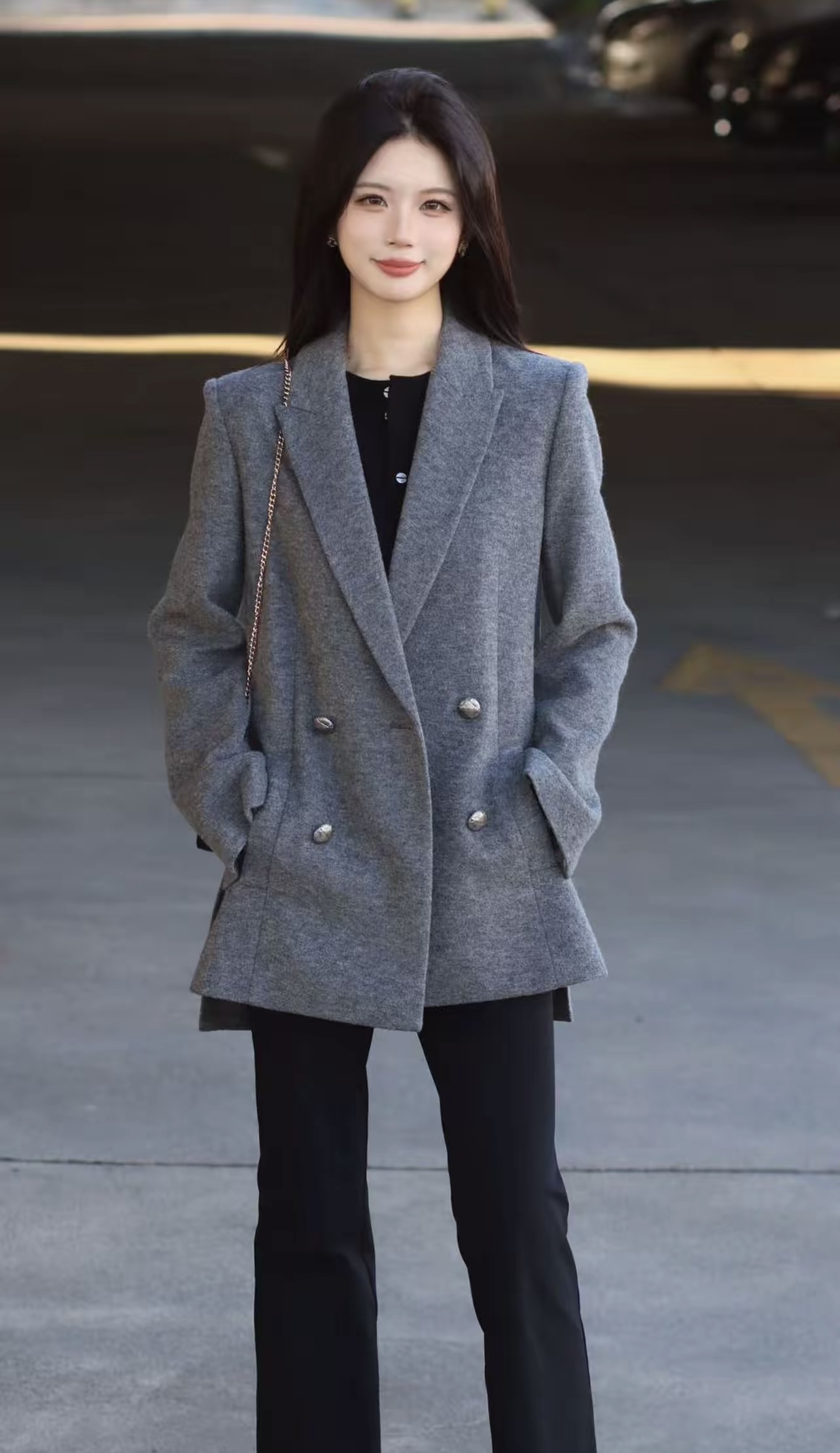 2025秋冬新款鑫欣阿玛施艾正品双排扣羊毛呢修身西装外套女140002