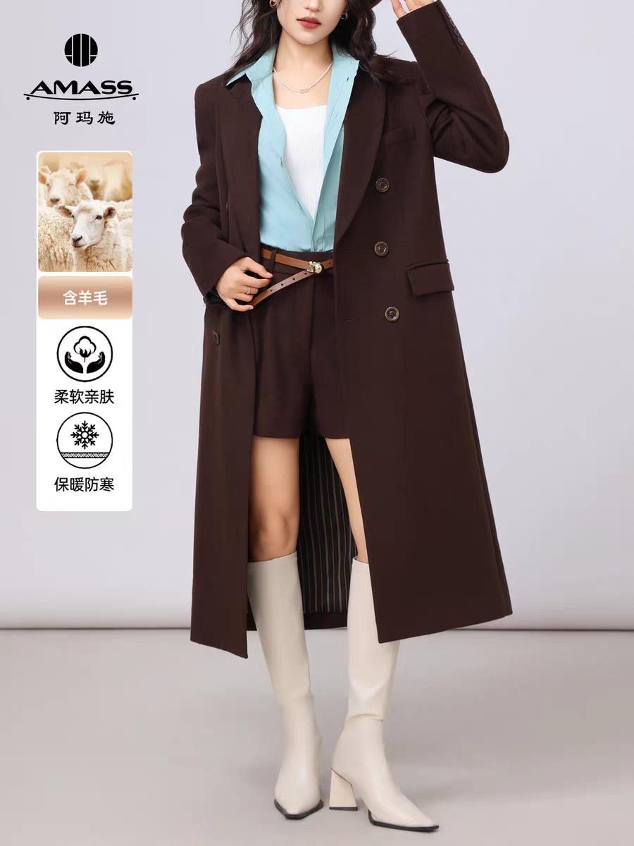 阿玛施女装20245冬新款西装领直筒绵羊毛大衣毛呢外套5400810