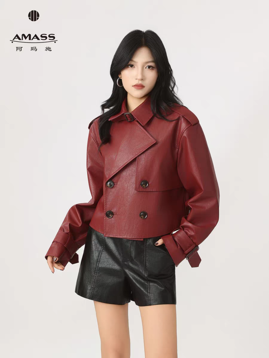 阿玛施美拉德摩登复古风机车皮衣2025秋季双排扣短外套女装540063