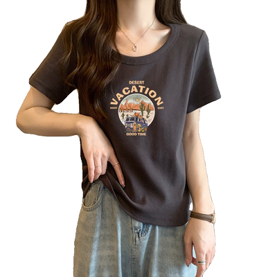 大码女装2026新款夏天深灰色纯棉U领显瘦宽松遮肚短袖T恤半袖上衣