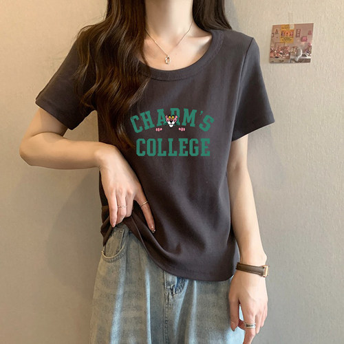 美式正肩短袖T恤女2026夏季新款宽松印花大领口露锁骨体恤上衣潮