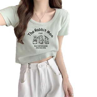 夏季纯棉短袖T恤少女15岁初中高中学生短款修身正肩兔子上衣小衫