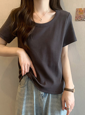 112纯棉短袖T恤女大码女装宽松百搭显瘦休闲U领上衣