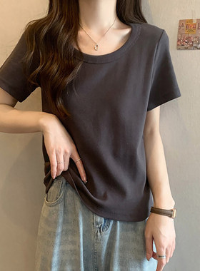 112纯棉短袖T恤女大码女装宽松百搭显瘦休闲U领上衣