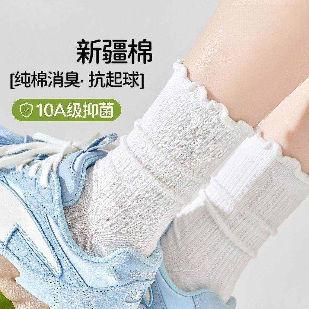 纯棉袜子女夏季薄款白色中筒棉袜吸汗透气无骨堆堆袜miu系长筒袜