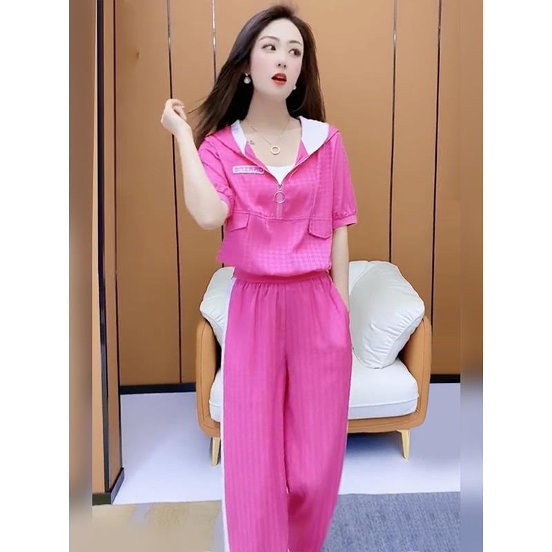 夏装搭配一整套女款休闲运动服套装撞色连帽短袖卫衣阔腿裤两件套