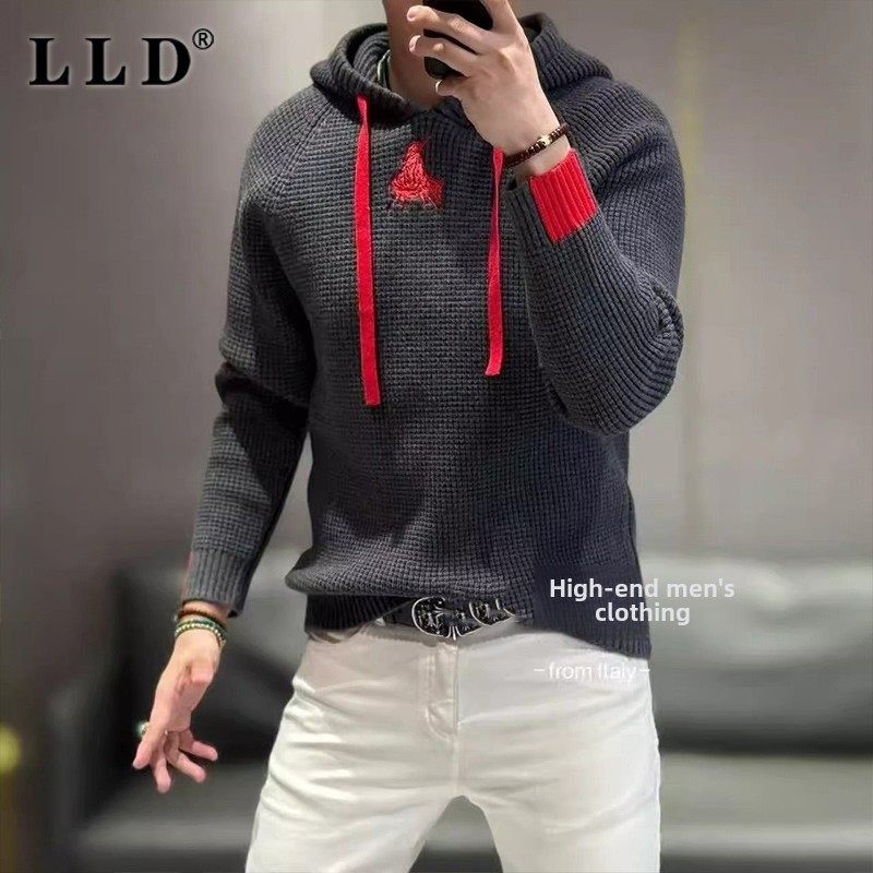 高端针织男装2025春秋季新潮流品牌宽松连帽顶休闲对比色羊毛运动
