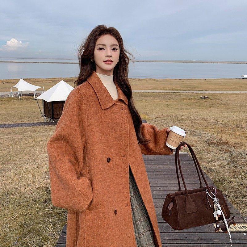 法式橘色双面呢子羊毛大衣女2024秋冬季新款韩系长版过膝毛呢外套,女装/女士精品,毛呢外套,淘宝优惠券,粉丝福利购,淘宝优惠卷