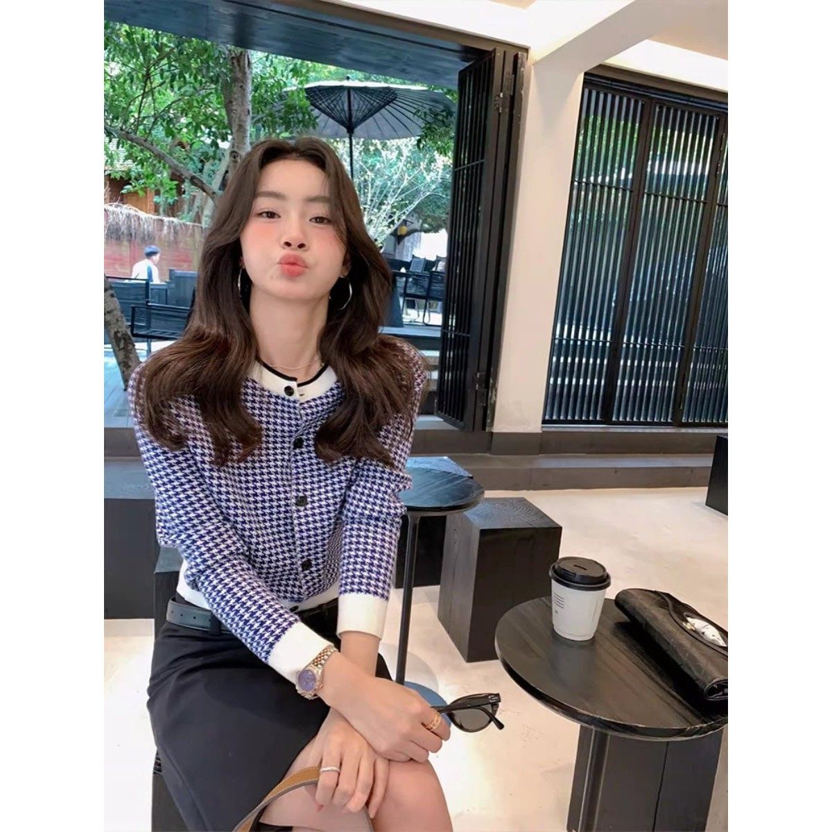 DORACTR 闲精致感 千鸟格针织开衫外套女秋季新款高级感气质上衣