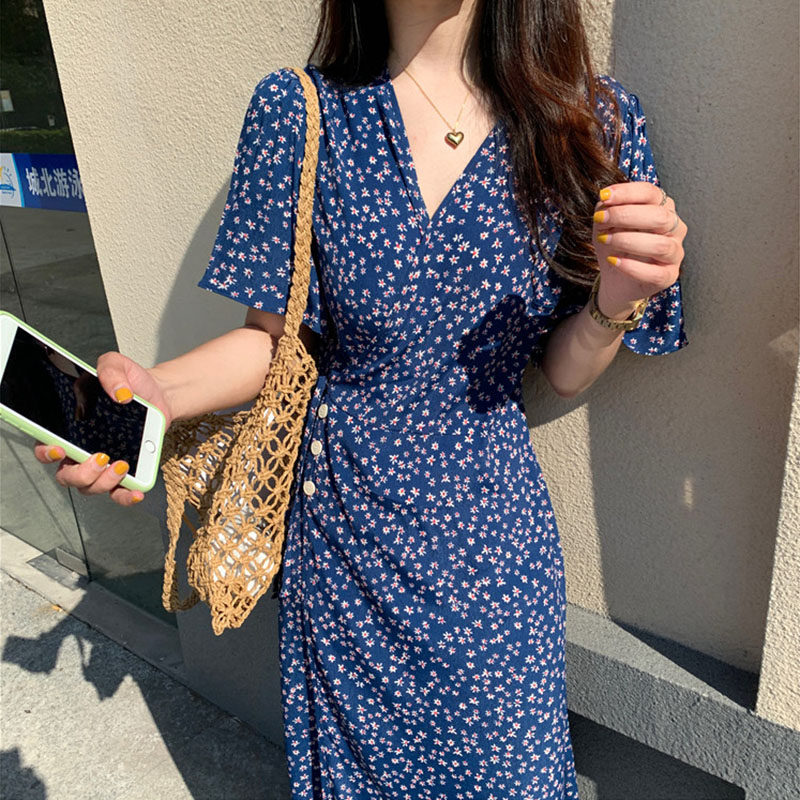 FRENCH BLUE FLORAL DRESS TEMPERAMENT GODDESS FAN CHIFFON DRESS SUMMER WAIST CINCHED THIN FLORAL SKIRT
