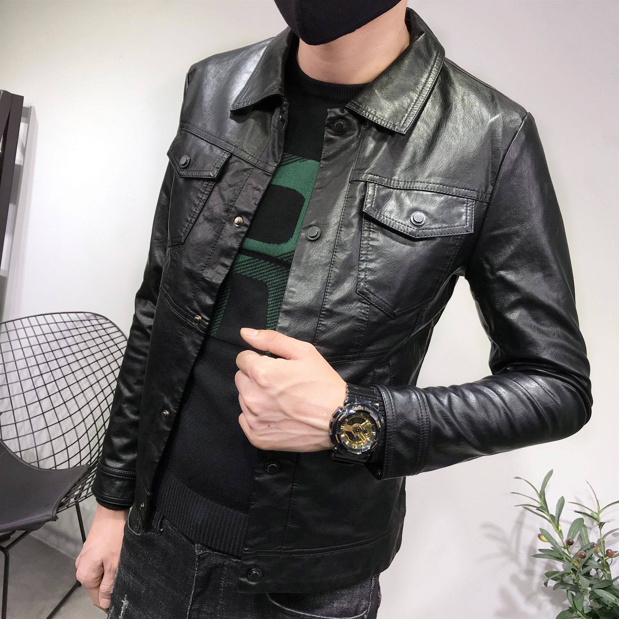 IT ins潮牌韩版皮衣外套男秋冬机车短款加绒修身翻领休闲皮夹克,男装,皮衣,淘宝优惠券,粉丝福利购,淘宝优惠卷