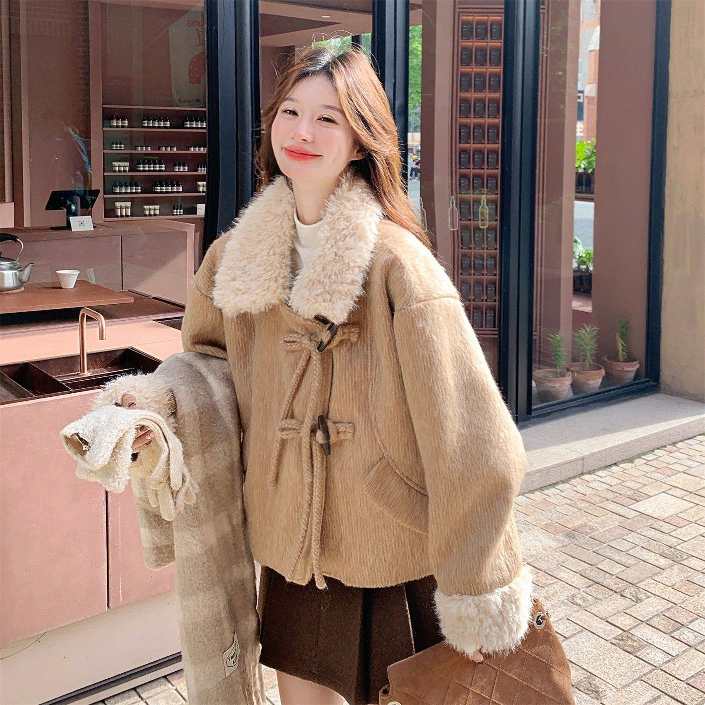 羊羔毛领短款毛呢外套女秋冬韩系新款小个子超好看独特超火大衣,女装/女士精品,毛呢外套,淘宝优惠券,粉丝福利购,淘宝优惠卷