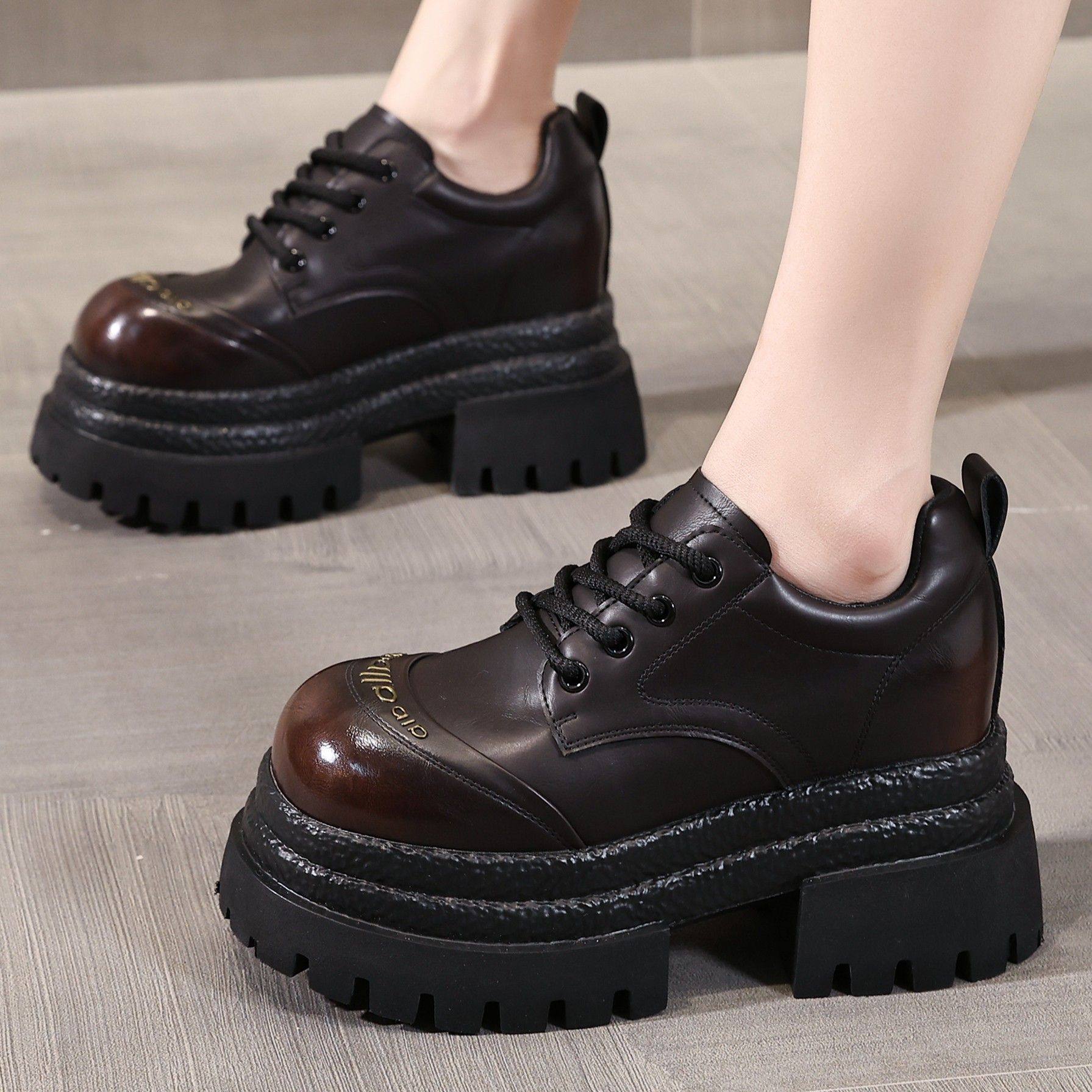 ZFCQ新款复古厚底内增高小皮鞋女真皮2025秋冬擦色松糕深口乐福鞋,女鞋,深口单鞋,淘宝优惠券,粉丝福利购,淘宝优惠卷