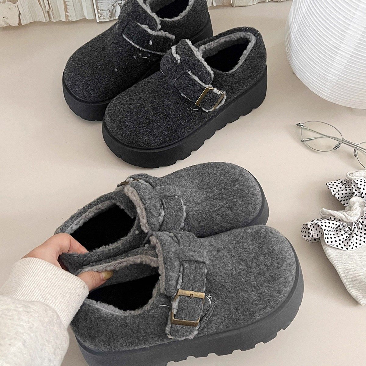 法国Uamtor灰色毛呢加绒勃肯鞋女2025新款秋冬季增高保暖毛毛棉鞋,女鞋,勃肯鞋/软木鞋,淘宝优惠券,粉丝福利购,淘宝优惠卷
