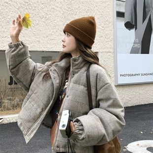 灰色复古高级感格纹羽绒服女短款韩系冬季新款时尚立领90白鸭绒服