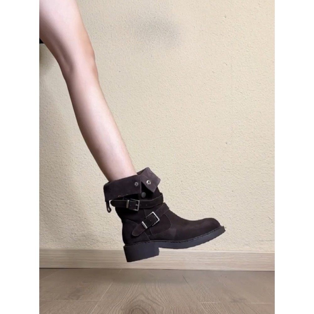 牛皮！西部牛仔靴女覆古风咖啡色绒面皮带扣可翻折两穿粗跟中筒靴,女鞋,西部靴,淘宝优惠券,粉丝福利购,淘宝优惠卷