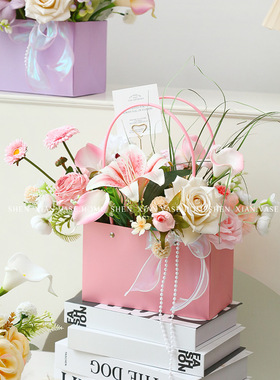 奶油风设计师款花束手提花篮摆件家居桌面客厅窗台餐桌电视柜摆花
