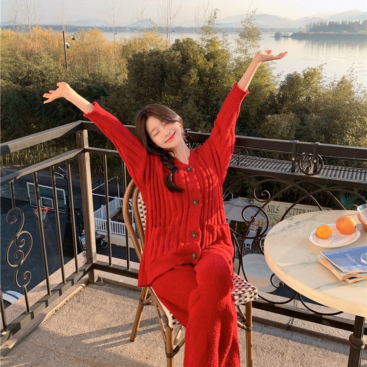 嫚琳雅-+裤子大红色日系可外穿家居服睡衣套装(本命年喜庆)CX2393