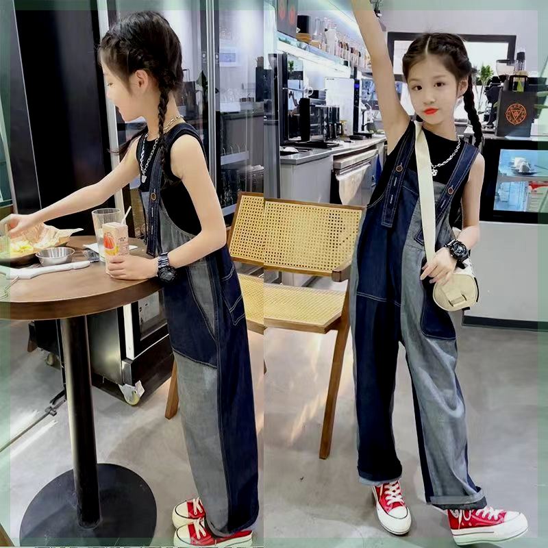 女童炸街撞色拼接牛仔背带裤韩版阔腿裤中大童童装长裤春装潮春秋