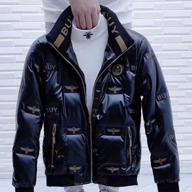 2023冬季新款潮流男立领亮面羽绒棉服韩版修身社会小伙印花外套衣