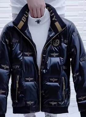 2023冬季新款潮流男立领亮面羽绒棉服韩版修身社会小伙印花外套衣