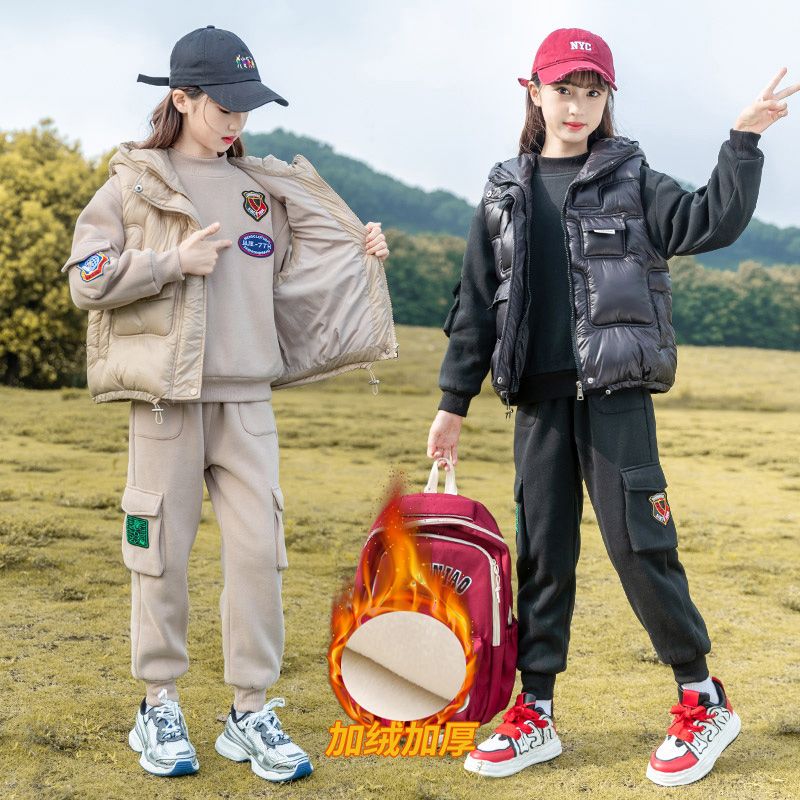 女童冬装套装加绒加厚保暖衣服冬儿童连帽卫衣马甲韩版休闲三件套