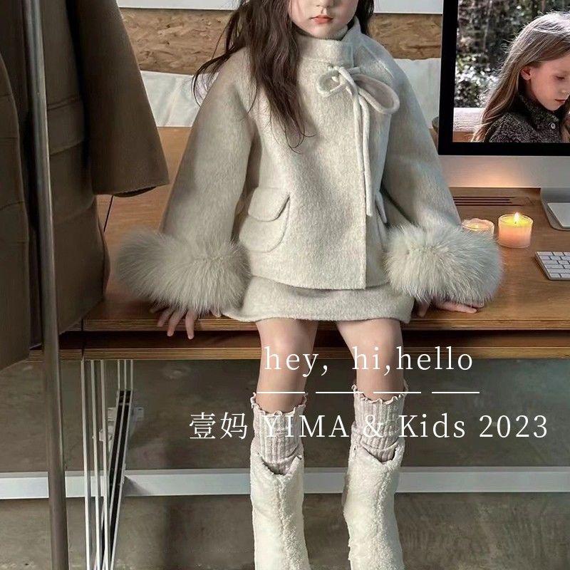 韩国童装女童毛呢套装秋冬季儿童洋气高级感呢子外套裙子两件套潮