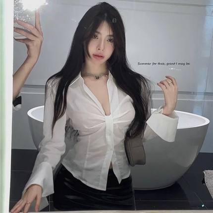 白色v领长袖衬衫女秋夏法式别致衬衣修身显瘦褶皱设计感小众上衣