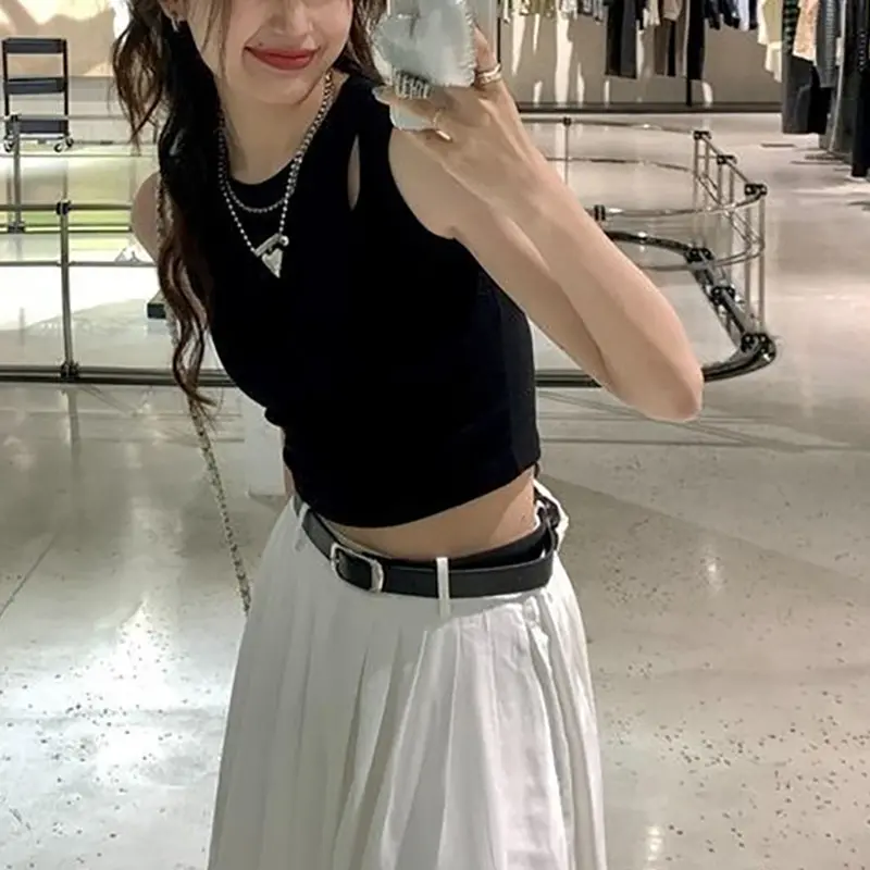 韩版黑色吊带上衣夏季新款辣妹外穿露脐短款镂空美背袖上衣女潮