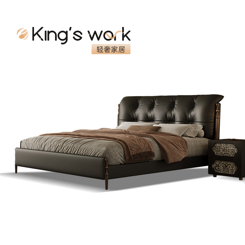 金仕卧中古风软包真皮床