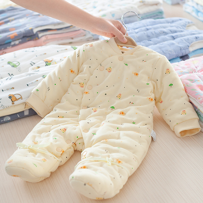 宝宝纯棉花包脚连体衣 新生婴儿保暖连脚哈衣 初生连身衣加厚秋冬