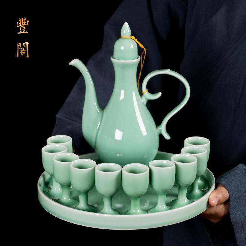 陶瓷酒具套装家用中式分酒器仿古宫廷高脚杯酒壶白酒杯青瓷小酒盅