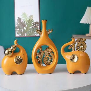 大象陶瓷家居摆件轻奢风创意招财装饰品 玄关电视柜用黄色桔红色