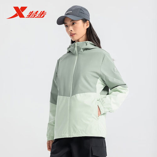 特步双层风衣女2025春新款连帽开衫爬山徒步运动外套975128150066