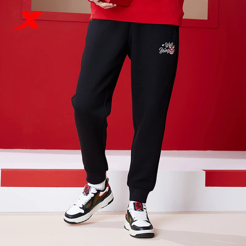 特步女运动裤2024秋季新款印花休闲束脚针织长裤子976128630406