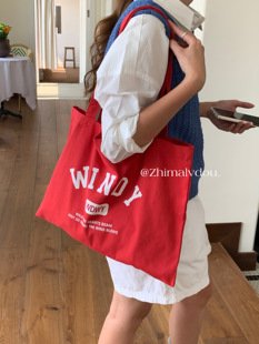 新款韩系简约小个子帆布包小众通勤托特包字母印花大容量单肩包女