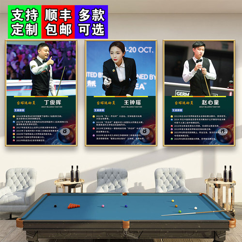 台球厅墙面装饰挂画桌球室斯诺克明星人物介绍海报布置贴纸墙壁画