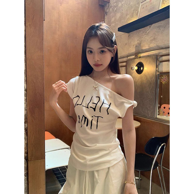纯棉白色斜肩扭结短袖t恤女夏季宽松韩系小众设计感高级露肩上衣
