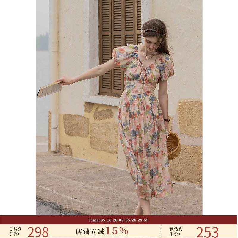 Dailyart 法式气质连衣裙女秋季显瘦海边度假风油画裙子碎花长裙