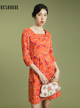 香莎CHANSARR 优雅气质橙色印花中袖连衣裙 舒适纯棉 收腰显瘦裙