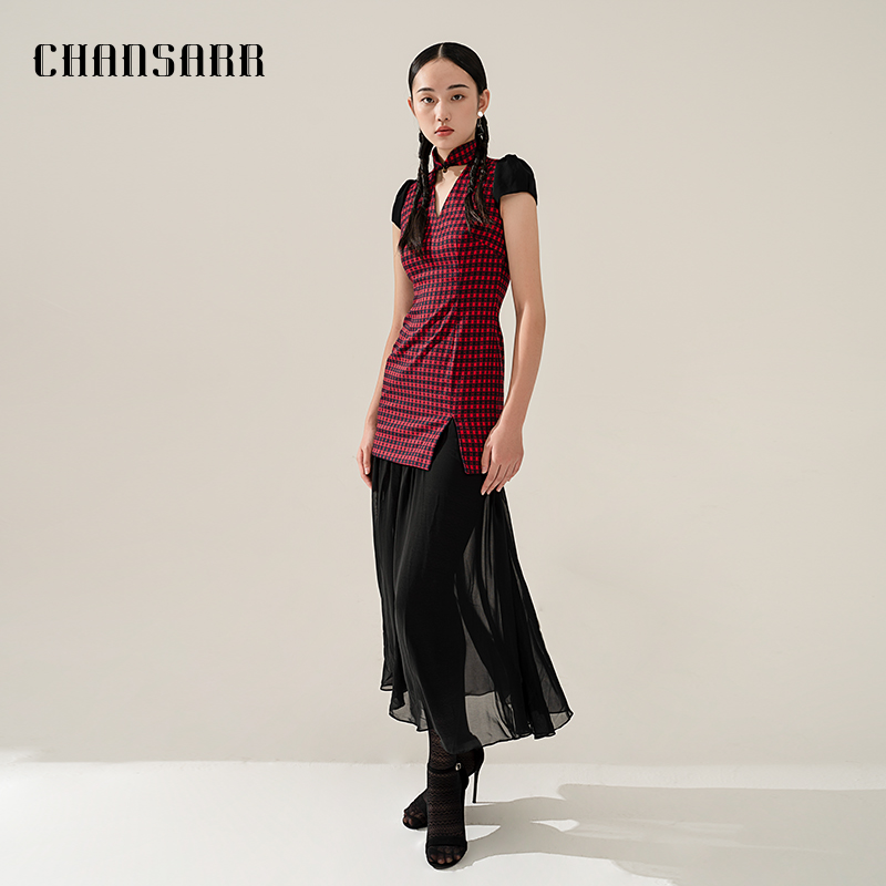 香莎CHANSARR 格纹拼接雪纺旗袍领连衣裙 别致设计 轻盈飘逸长裙