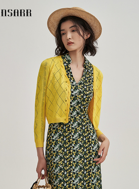 原创设计师品牌 香莎黄色织花毛织开衫法式氛围感上衣甜美自制