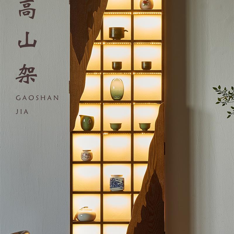 侘寂风带灯博古架实木茶杯架挂墙置物架子覆古茶具多宝阁展示格架