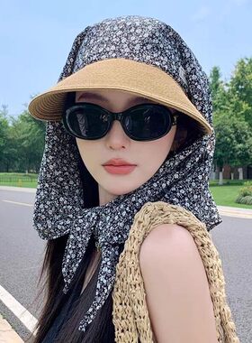 绑带丝巾草编帽子女防晒帽夏季防紫外线新款遮发护颈遮阳帽太阳帽