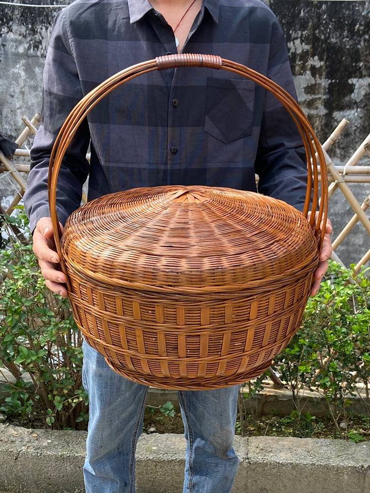 手工编织竹篮子拜拜提篮子老式竹编筐鸡蛋水果收纳筐带盖复古大号