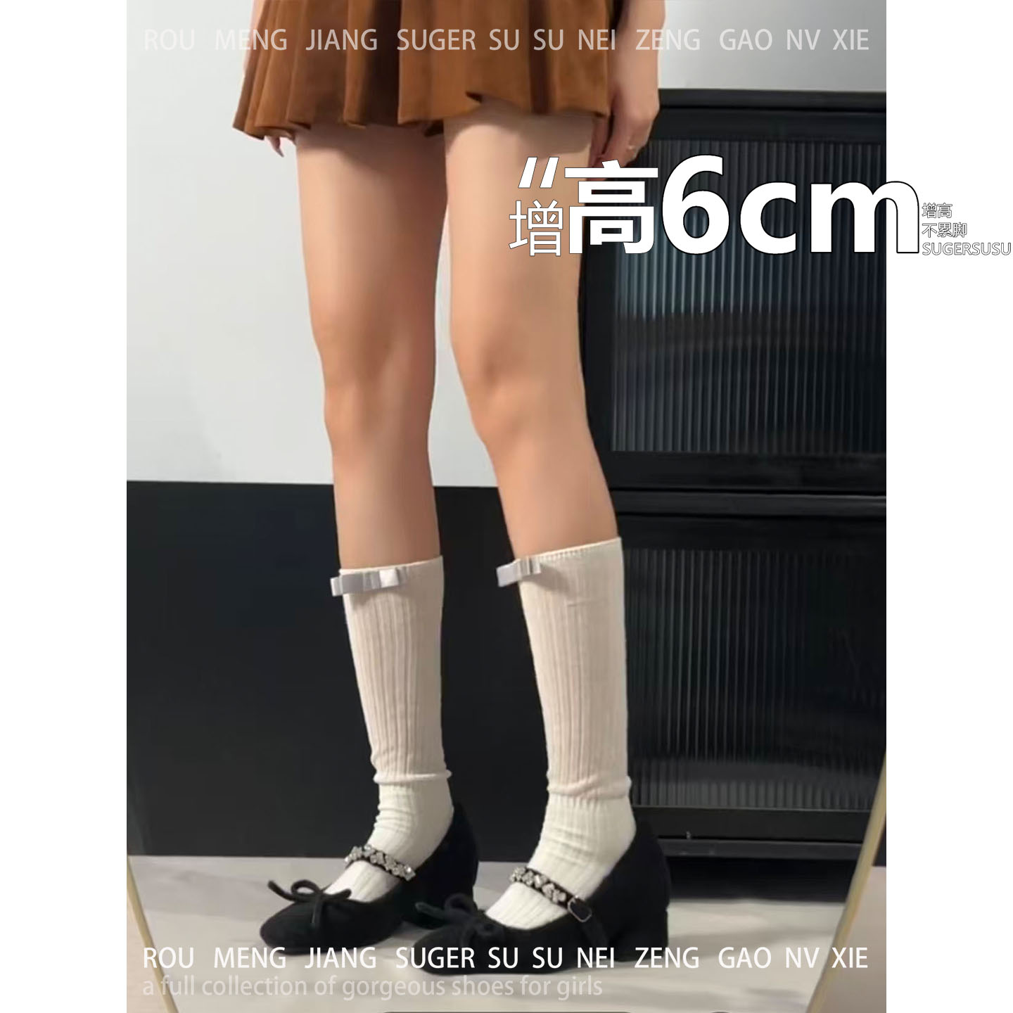 不累脚~增高7cm秋冬新款法式玛丽珍毛毛鞋粗高跟仙女加绒浅口单鞋