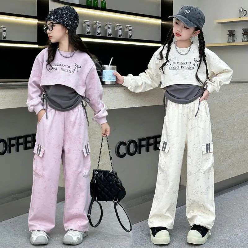 女童秋装套装2024新款洋气儿童卫衣女孩休闲春秋工装裤三件套