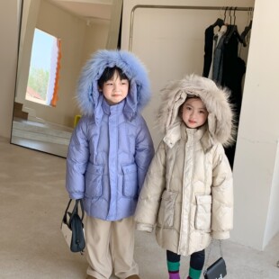 儿童中长款羽绒服男童加厚纯色外套女童冬季白鸭绒上衣孩子保暖新