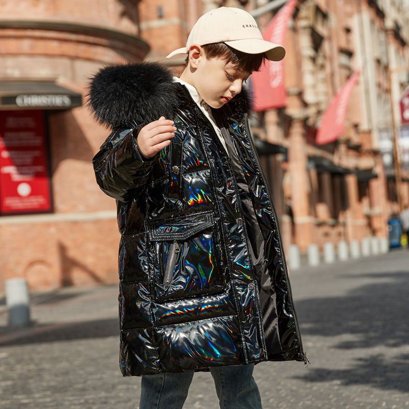 免洗亮面儿童羽绒服男童中长款中大童洋气男孩冬季外套加厚男大童